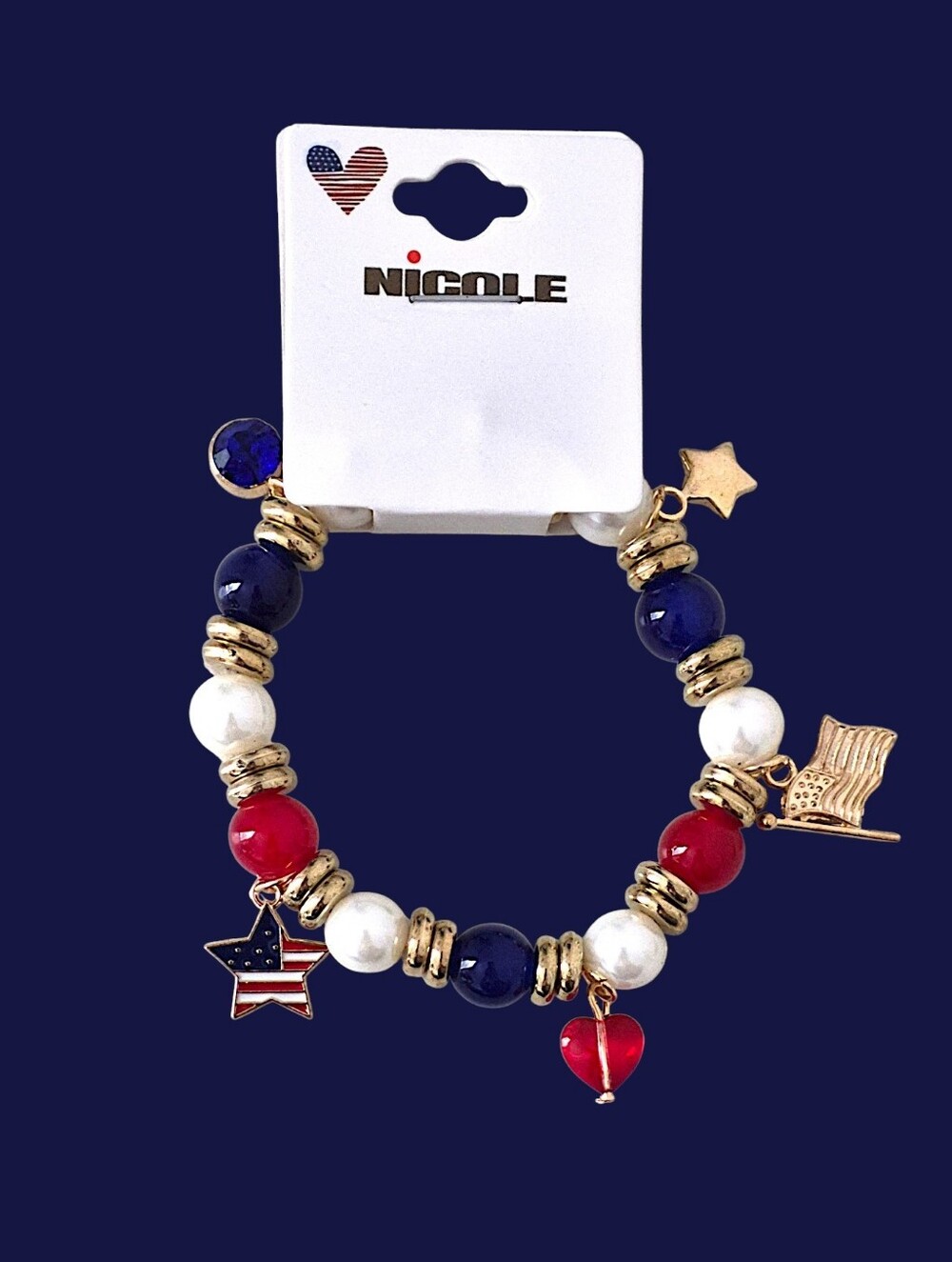 Gold Flag & Stars Beaded Charm Bracelet